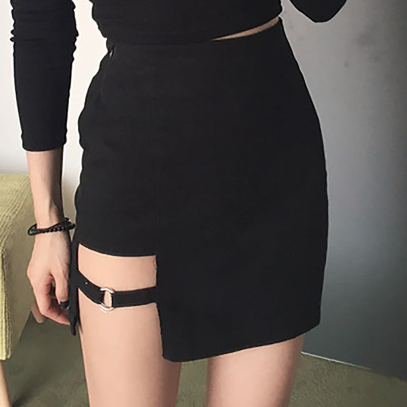 Slim Fit Open Umbilical Round Neck T-shirt Women's Ring Wrap Hip Skirt - Hiccupzz