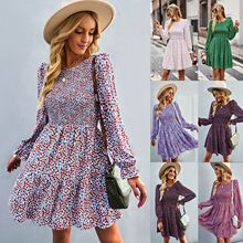 Round Neck Floral Dress Winter Long Sleeve All-matching A- Line Skirt