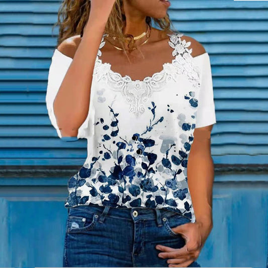 V Neck Lace Shoulder Drain Short Sleeve Casual