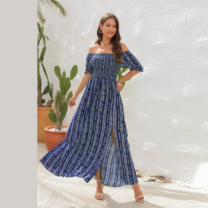 Spring And Summer New Vertical Stripes Floral Print Slit Waist Dress - Hiccupzz