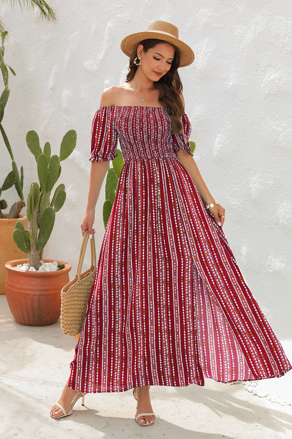 Spring And Summer New Vertical Stripes Floral Print Slit Waist Dress