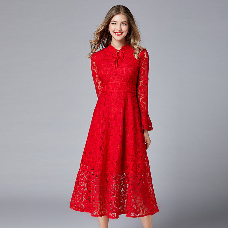 Red Long Skirt Slim Lace Dress With Large Swing - Hiccupzz