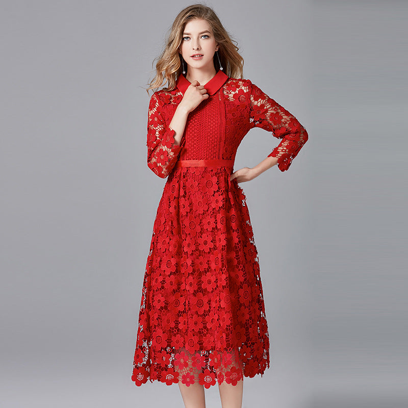 Red Skirt Women's Long-sleeved Water-soluble Lace A-line Large Size Dress - Hiccupzz