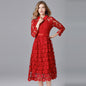 Red Skirt Women's Long-sleeved Water-soluble Lace A-line Large Size Dress - Hiccupzz
