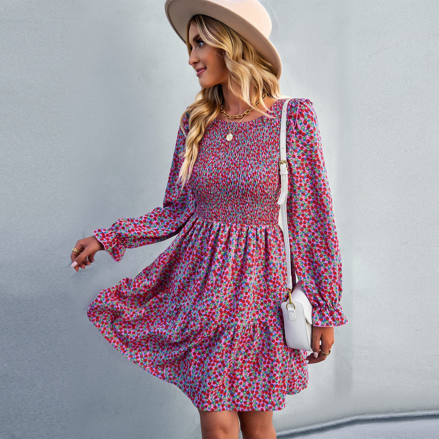 Round Neck Floral Dress Winter Long Sleeve All-matching A- Line Skirt