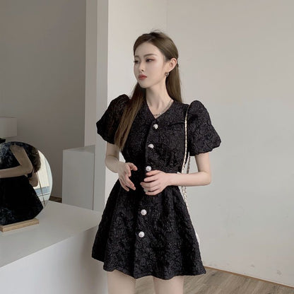 Women's V-neck Small Puff Sleeve Sneaky Design Backless Skirt - Hiccupzz
