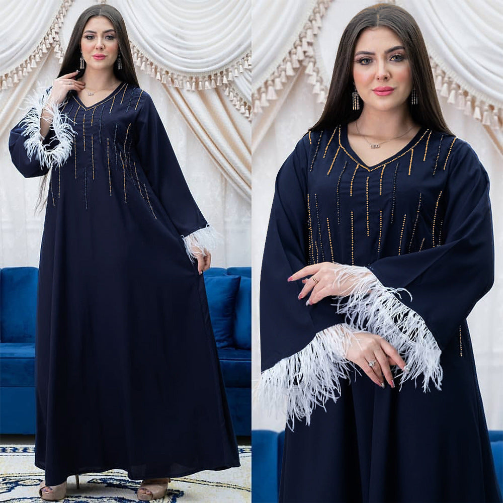 Ethnic Style Diamond Feather Cuffs Dress