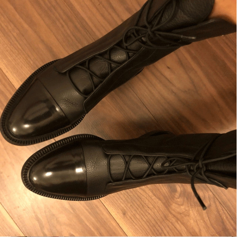 Mid-tube Locomotive Boots Lace-up Black Low-heeled - Hiccupzz