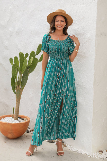 Spring And Summer New Vertical Stripes Floral Print Slit Waist Dress - Hiccupzz