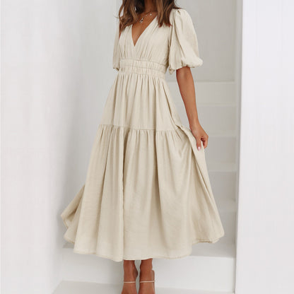 New Senior Sense Of Vacation Style Deep V Bubble Sleeve Dress - Hiccupzz