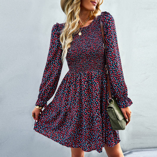 Round Neck Floral Dress Winter Long Sleeve All-matching A- Line Skirt