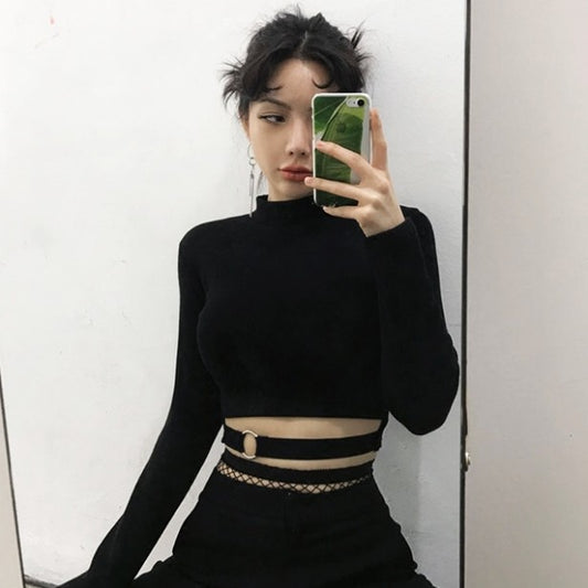 Slim Fit Open Umbilical Round Neck T-shirt Women's Ring Wrap Hip Skirt