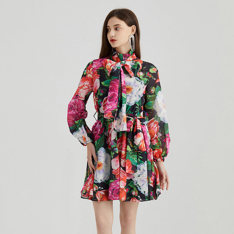 Printed Chiffon Long-sleeved Dress For Women