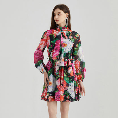 Printed Chiffon Long-sleeved Dress For Women - Hiccupzz