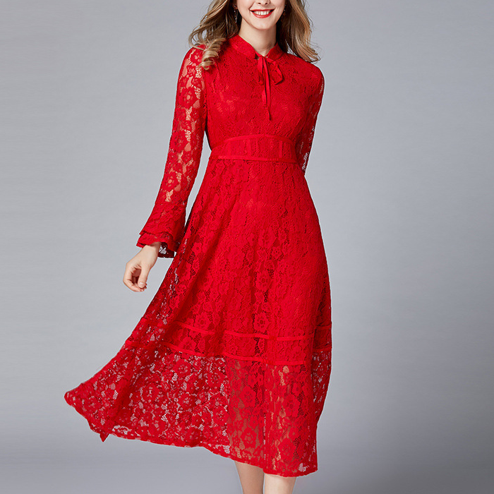 Red Long Skirt Slim Lace Dress With Large Swing - Hiccupzz