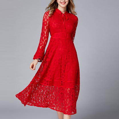 Red Long Skirt Slim Lace Dress With Large Swing - Hiccupzz