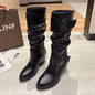Western Cowboy Boots Women Buckle Chunky Mid Heel Shoes - Hiccupzz