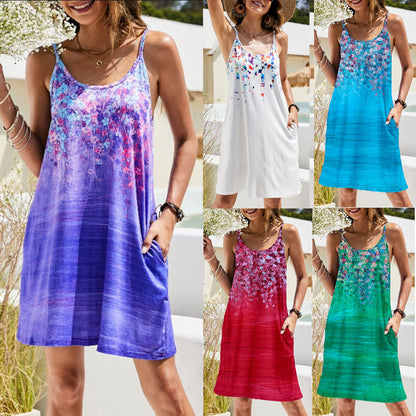 New Women's Pocket Printed Loose Strap Dress - Hiccupzz