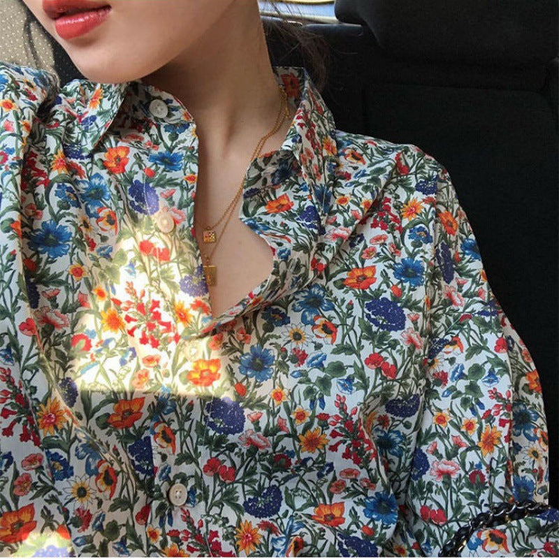 Women's Retro Loose-fitting Printed Floral Blouse Top