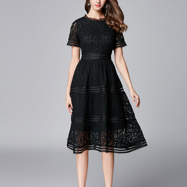 Women's Short-sleeved Lace Dress Women's Mid-length Waist Collection A-line Skirt