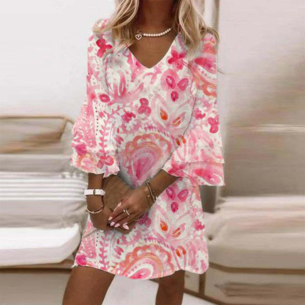 New Fresh Print V-Neck Mini Dress - Hiccupzz