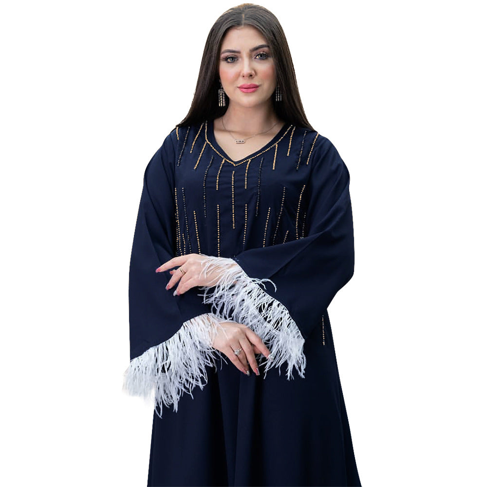 Ethnic Style Diamond Feather Cuffs Dress - Hiccupzz