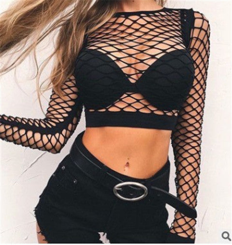 Fit High Waist Hollow-out See-through Fishnet Navel T-shirt Wear Women - Hiccupzz