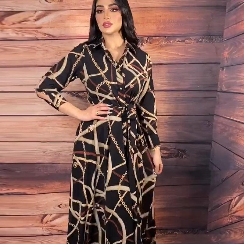 Vestido estampado con escote en V y cinturón para mujer