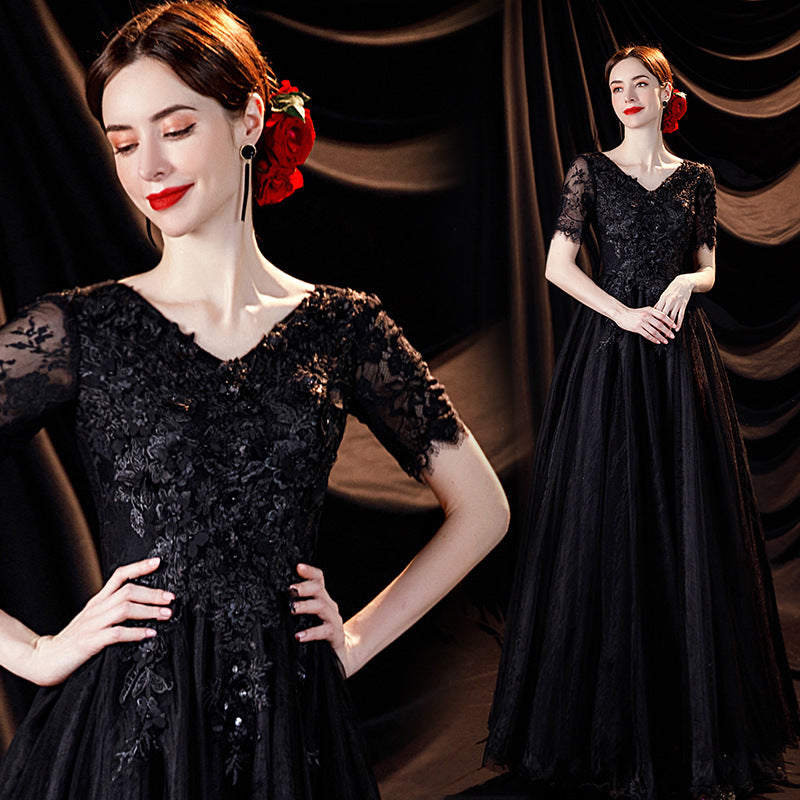 Elegant Black Deep V-neck Evening Long-sleeve Wedding Dress - Hiccupzz