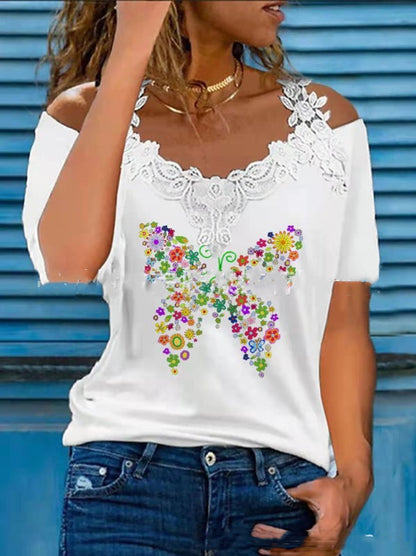 V Neck Lace Shoulder Drain Short Sleeve Casual - Hiccupzz