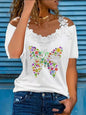 V Neck Lace Shoulder Drain Short Sleeve Casual - Hiccupzz