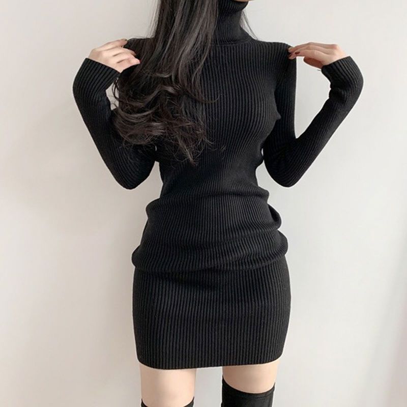 Vestido de punto estilo coreano temperamento cuello alto falda a la cadera