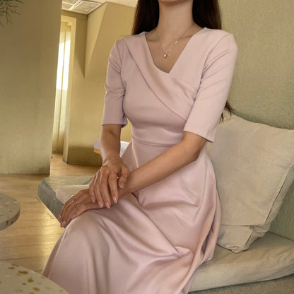 Ladies Temperament Irregular Neckline Clavicle Waist Dress - Hiccupzz