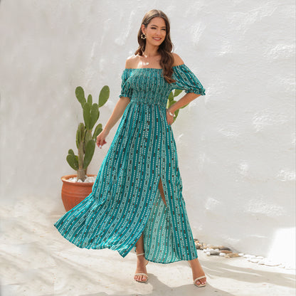 Spring And Summer New Vertical Stripes Floral Print Slit Waist Dress - Hiccupzz