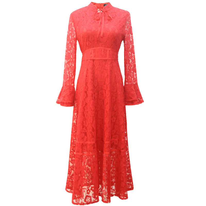 Red Long Skirt Slim Lace Dress With Large Swing