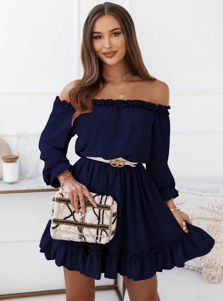 New Women's Fashion Casual Solid Color Off-shoulder Waist Dress