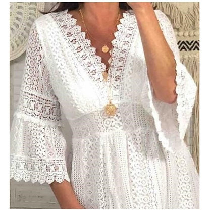 Decorative Border Lace Dress V Neck - Hiccupzz
