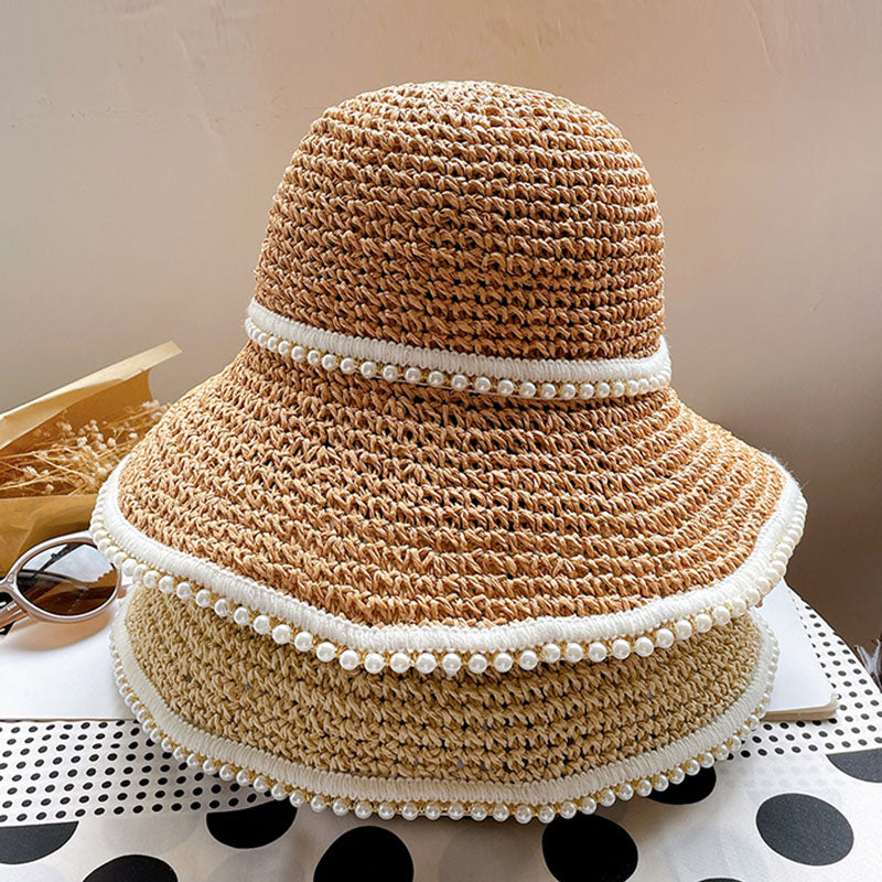 Straw Hat Female Braided Pearl Grass Braided Summer Thin Section