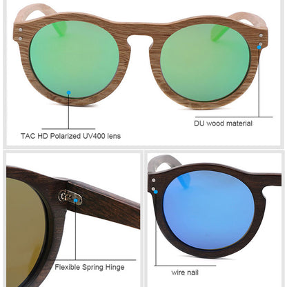 Handmade Retro Wooden Polarized Men's Sunglasses Round shape UV400 - Hiccupzz