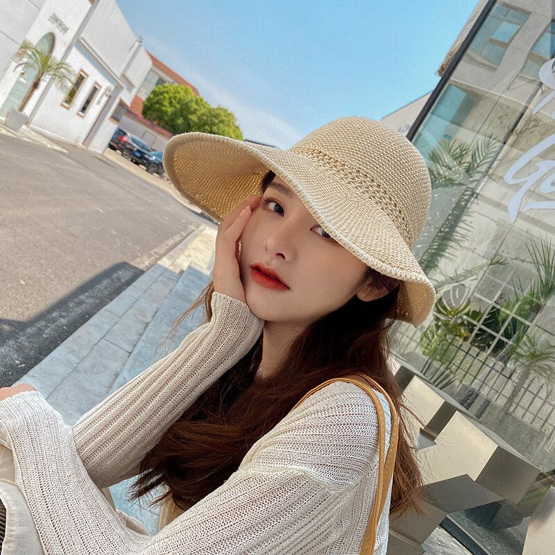 Summer Wide Brim Straw Hat Women Empty Top Ribbon Bowknot Sun Hats Female Elegant Foldable Soft Outdoor Travel Beach Tour Caps