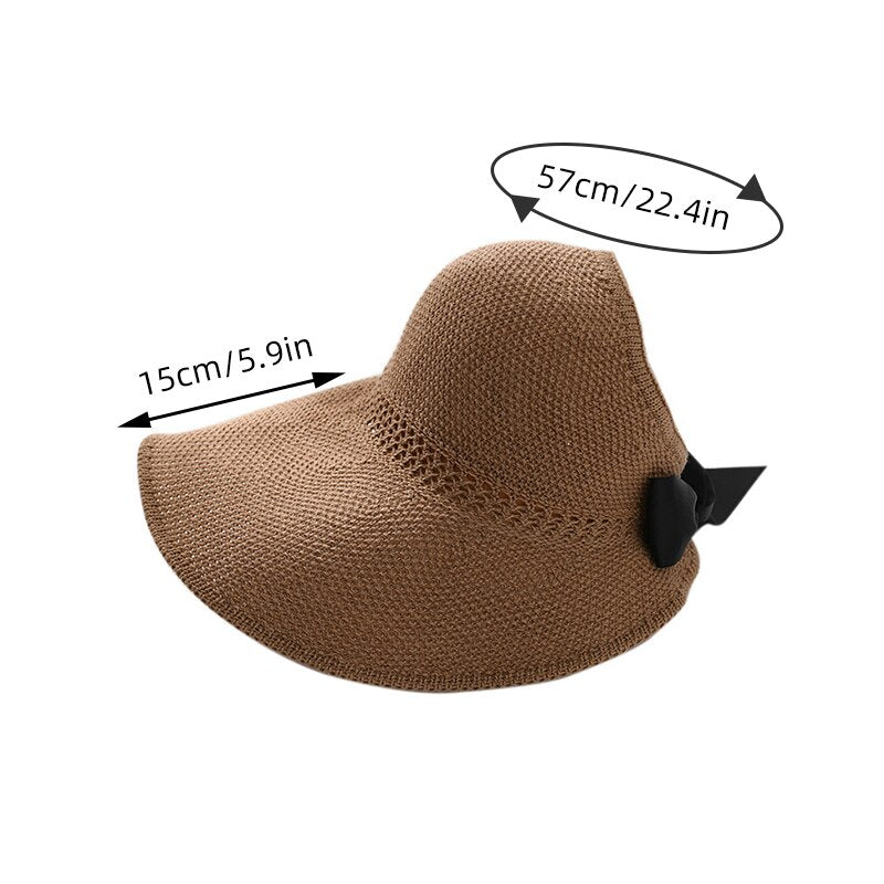 Summer Wide Brim Straw Hat Women Empty Top Ribbon Bowknot Sun Hats Female Elegant Foldable Soft Outdoor Travel Beach Tour Caps