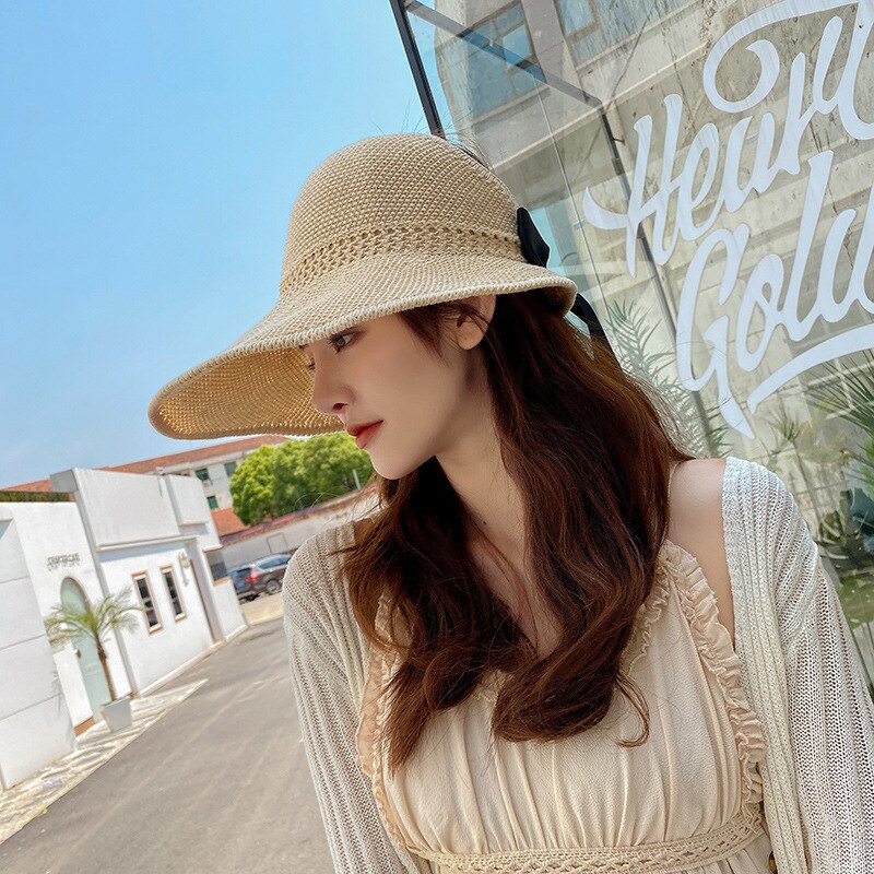 Summer Wide Brim Straw Hat Women Empty Top Ribbon Bowknot Sun Hats Female Elegant Foldable Soft Outdoor Travel Beach Tour Caps