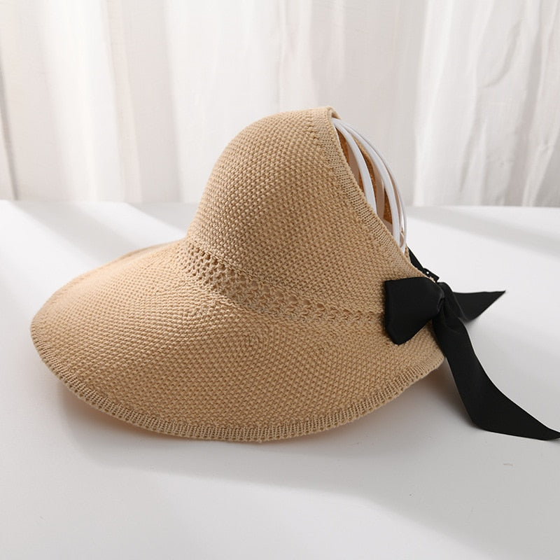 Summer Wide Brim Straw Hat Women Empty Top Ribbon Bowknot Sun Hats Female Elegant Foldable Soft Outdoor Travel Beach Tour Caps