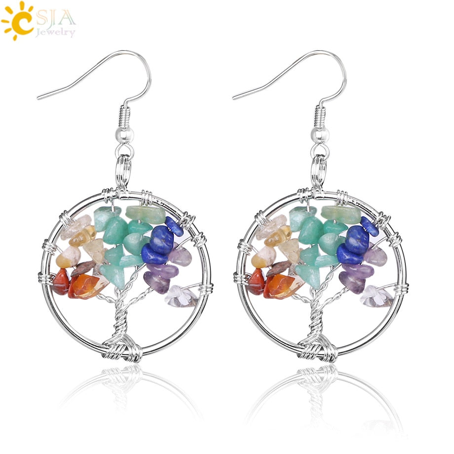 Tree of Life Women Drop Earrings Round Natural Chip Gem Stone