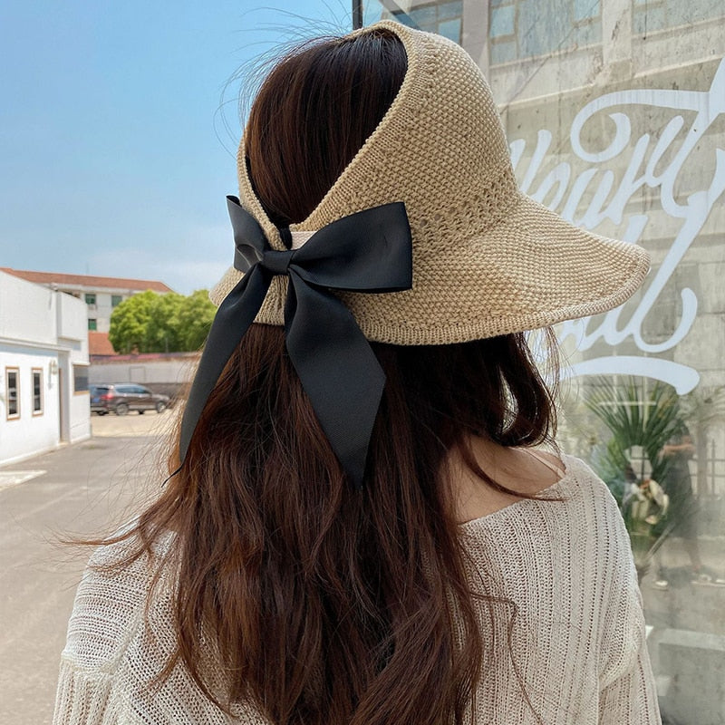 Summer Wide Brim Straw Hat Women Empty Top Ribbon Bowknot Sun Hats Female Elegant Foldable Soft Outdoor Travel Beach Tour Caps