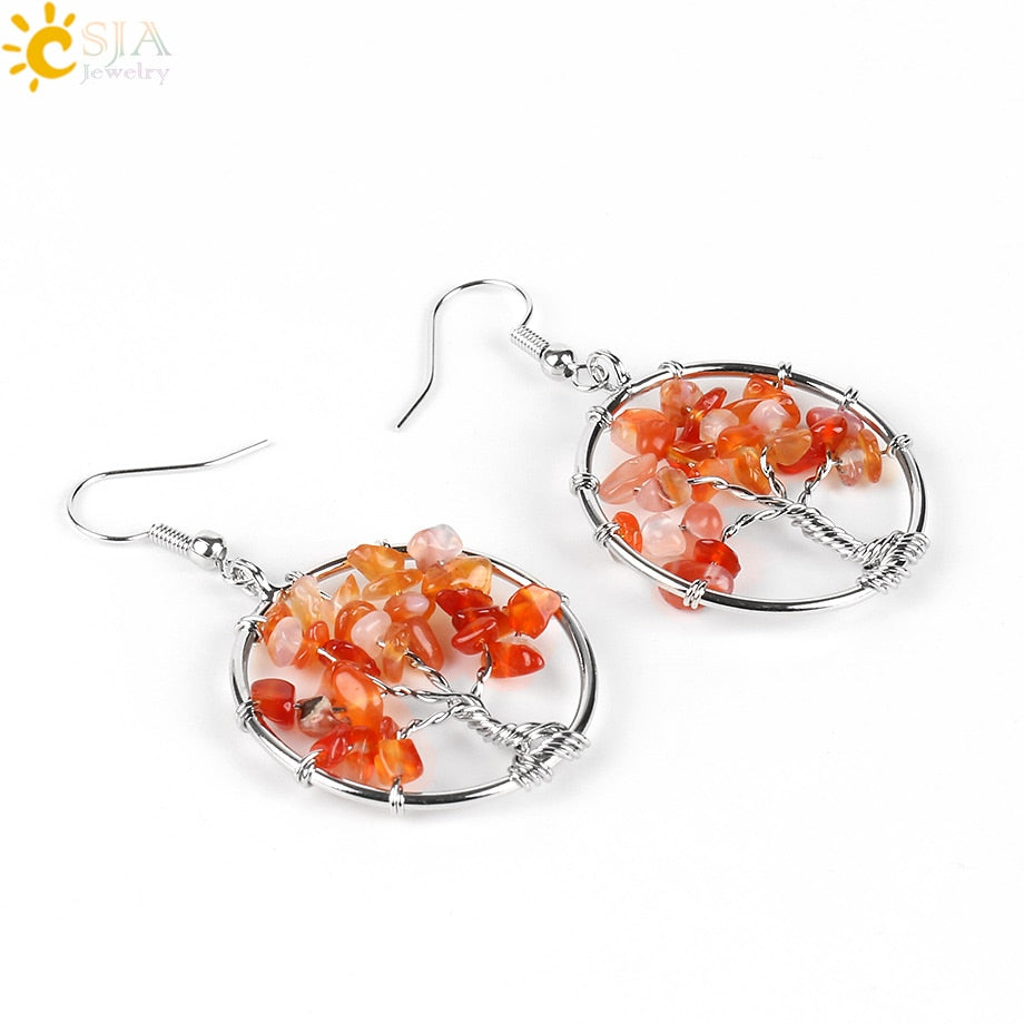 Tree of Life Women Drop Earrings Round Natural Chip Gem Stone