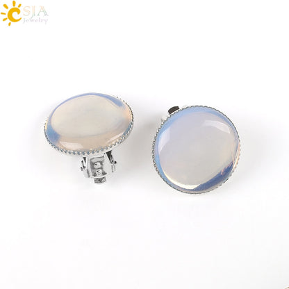 Women Girl Summer Jewelry Round Natural Stone Bead Clip on Earrings - Hiccupzz