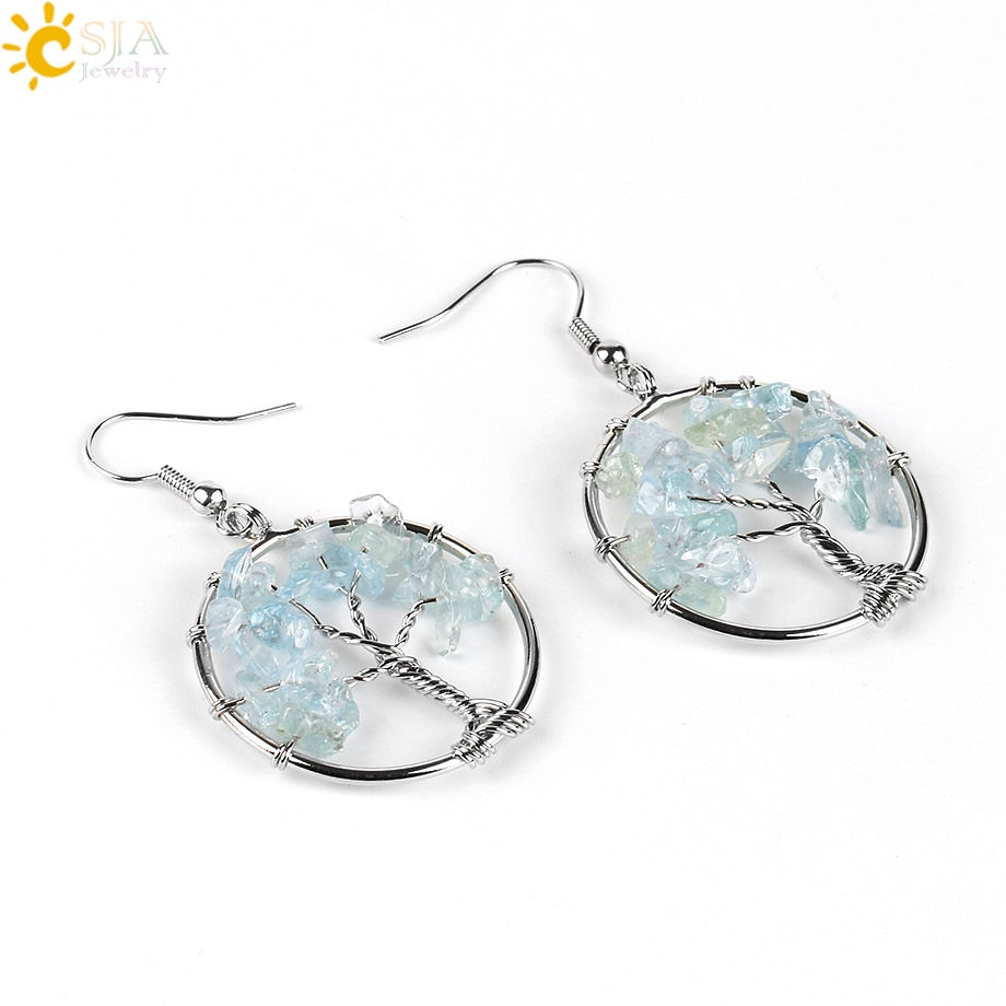 Tree of Life Women Drop Earrings Round Natural Chip Gem Stone