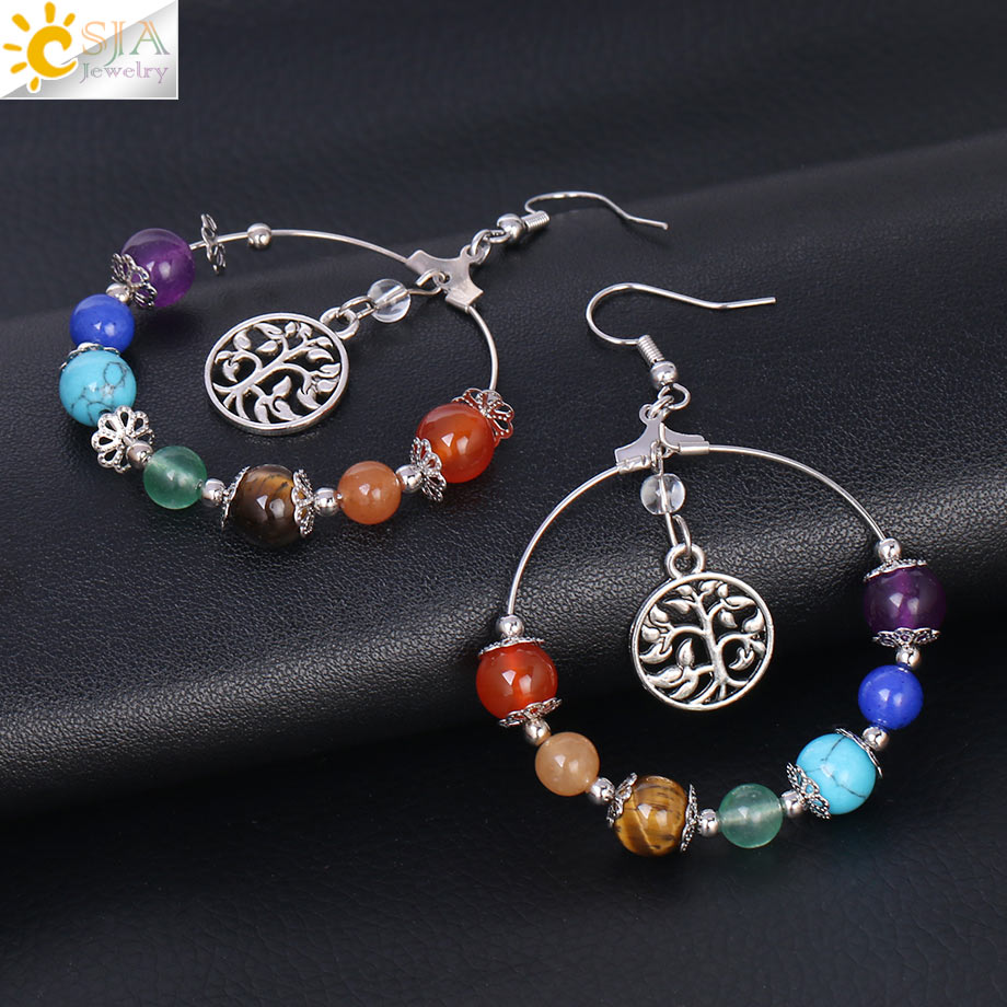 7 Chakra Tree of Life Women Drop Earrings Natural Round Gem Stone