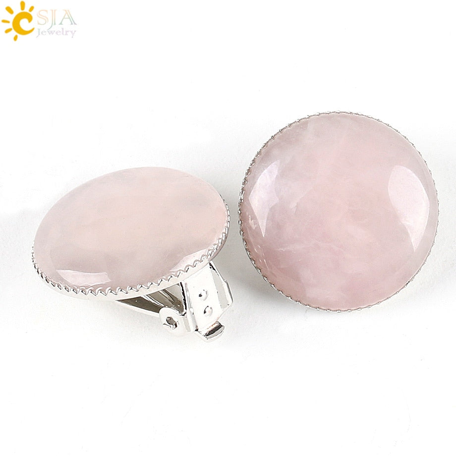 Women Girl Summer Jewelry Round Natural Stone Bead Clip on Earrings